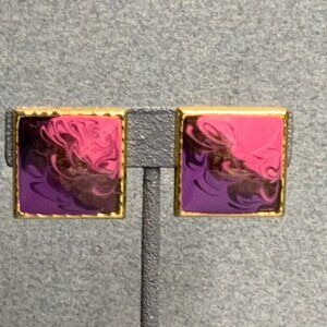Swirled Square Clip On Earrings 1 In Pink Purple Enamel Gold Retro Vintage Glam
